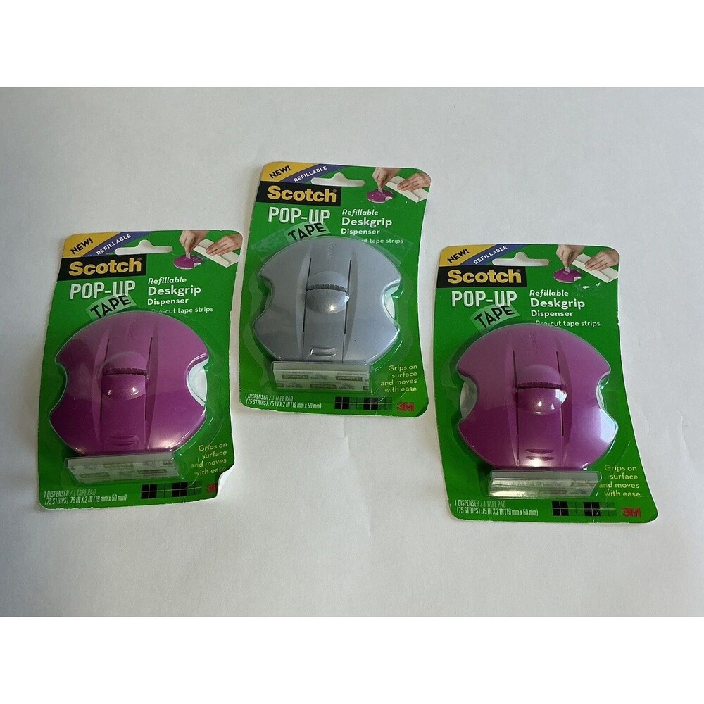 Set of 3  2 Pink 1 Gray Scotch Pop Up Tape DESKGRIP Dispenser w/ 75 Strips NEW